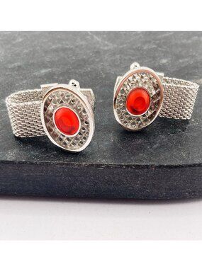 HICKOK Vintage silver tone metal and red plastic cabochon oval mesh cuff links